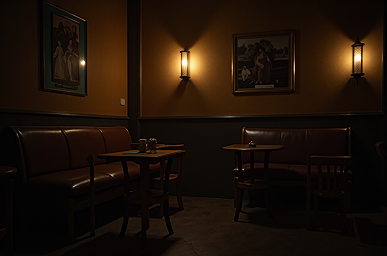 Lounge sarok bőrfotelekkel és borostyán fényekkel.